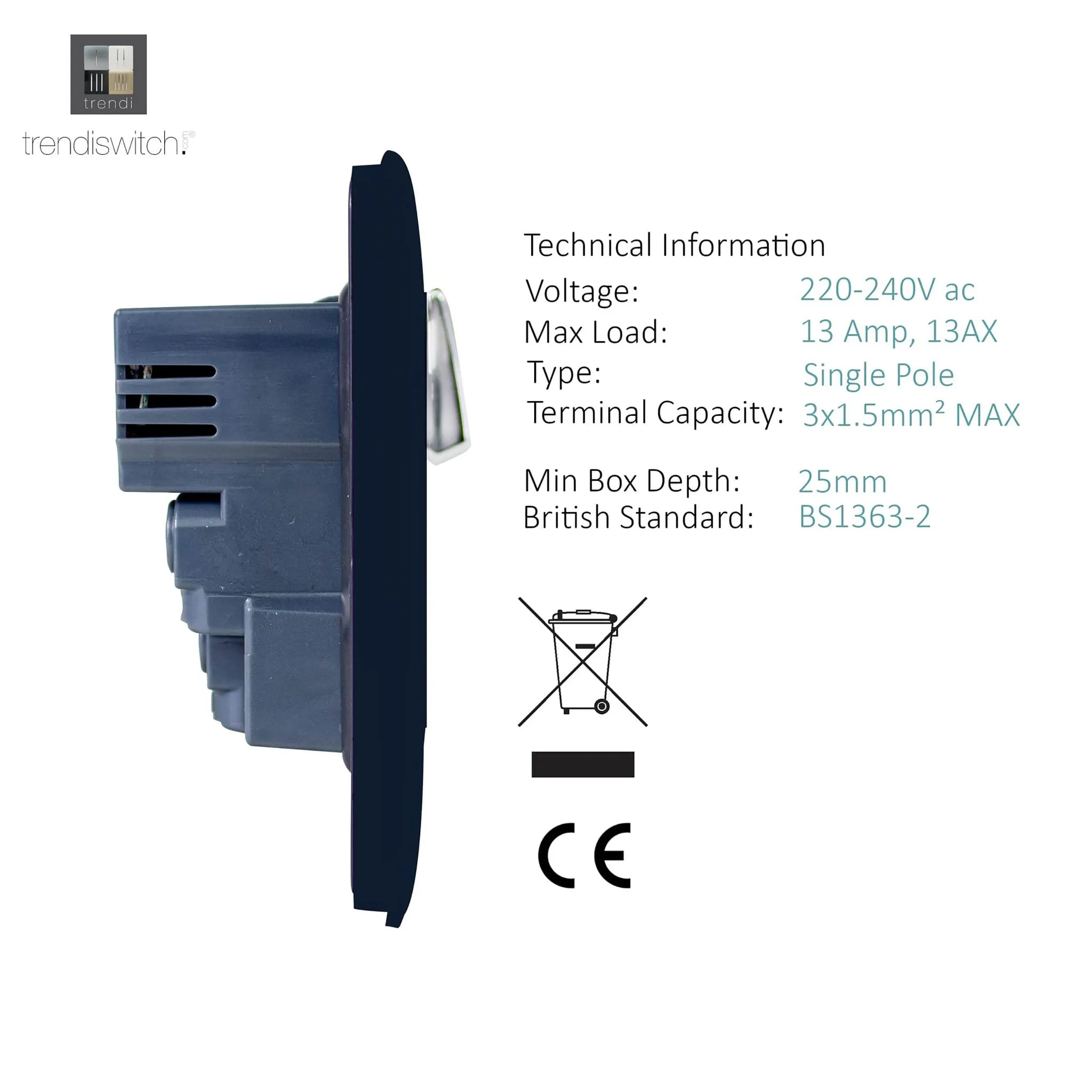 1 Gang 13Amp Switched Single Socket With 2 x USB Navy Blue ART-SKT13USBNV  Trendi Navy